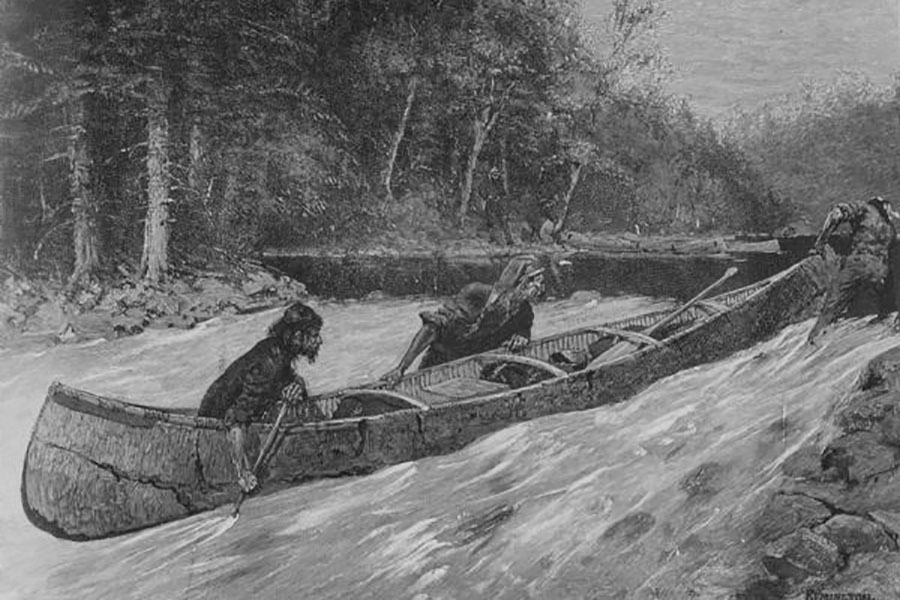 Three men drag their birch canoe up river in this black and white illustration